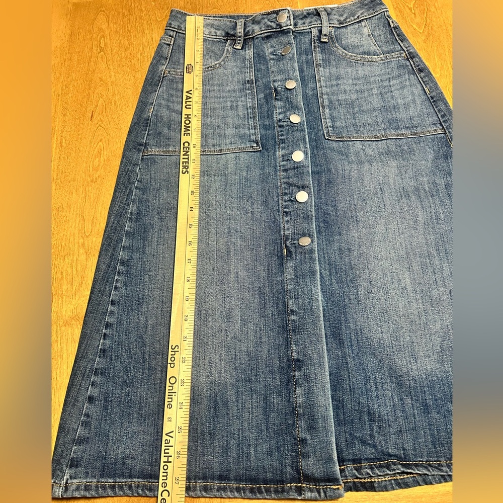 Blue Denim Button Down High Rise A-Line Skirt w/ pockets - Picture 4 of 10